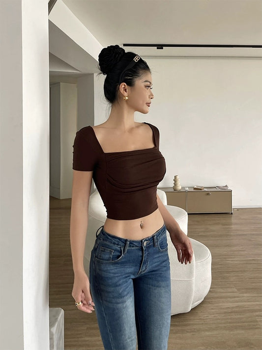 Jingye Hot Girl Square Tie Chest Pad Short Sleeve T-shirt Women's Summer New Style Waist Slimming Pleated Design Short Top