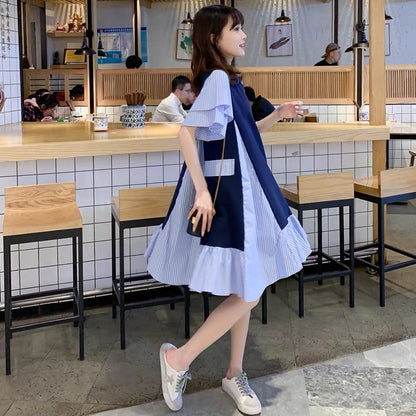 Summer new Korean style plus size maternity wear loose mid-length fake two-piece dress stylish striped A-line skirt D941