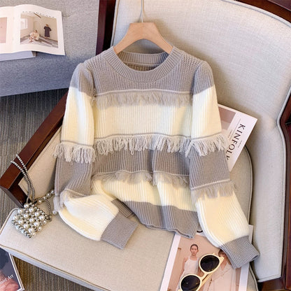 Western style age-reducing American retro pullover round neck striped tassel contrast sweater outer top for women autumn and winter new style