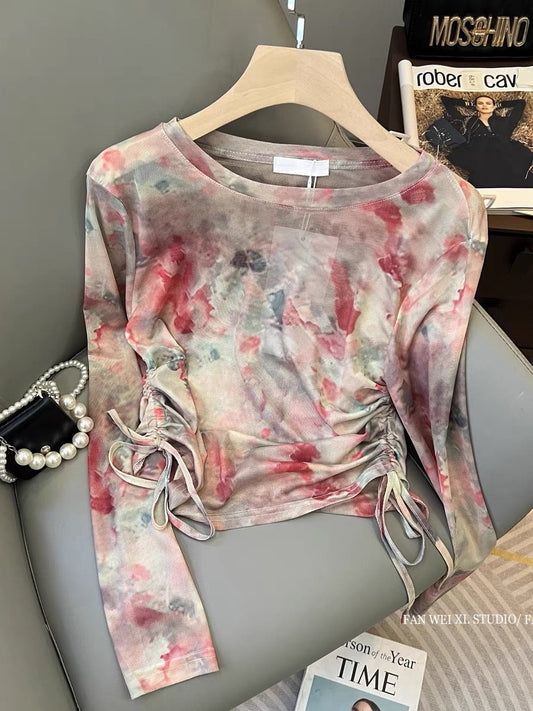 Long-sleeved mesh T-shirt for women in early autumn new style retro American slim-fit drawstring smudged round neck petite chic top (B2217)