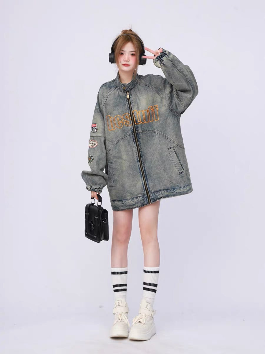 American retro washed distressed heavy industry embroidered stand collar oversize motorcycle jacket denim jacket for women spring and autumn trendy brand A3354