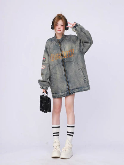 American retro washed distressed heavy industry embroidered stand collar oversize motorcycle jacket denim jacket for women spring and autumn trendy brand A3354