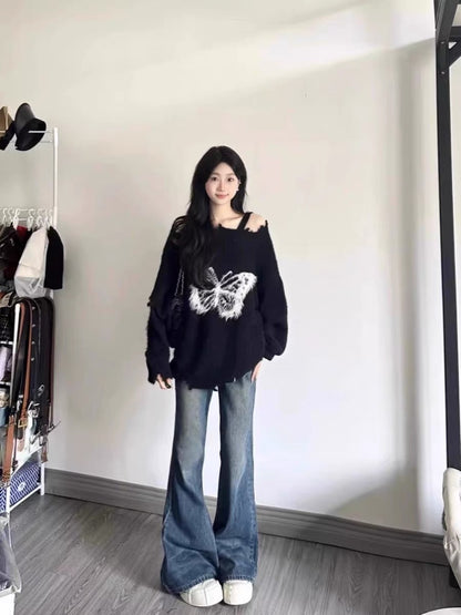 2023 New Plush Bow Lazy Sweater Women's Loose Autumn and Winter Designed Hole Knitted Sweater Top