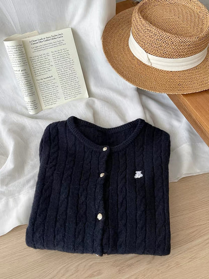 Women's Japanese/Korean-style retro cable-knit cardigan; soft, cozy, and versatile with a round neck and cute bear embroidery—perfect for autumn.