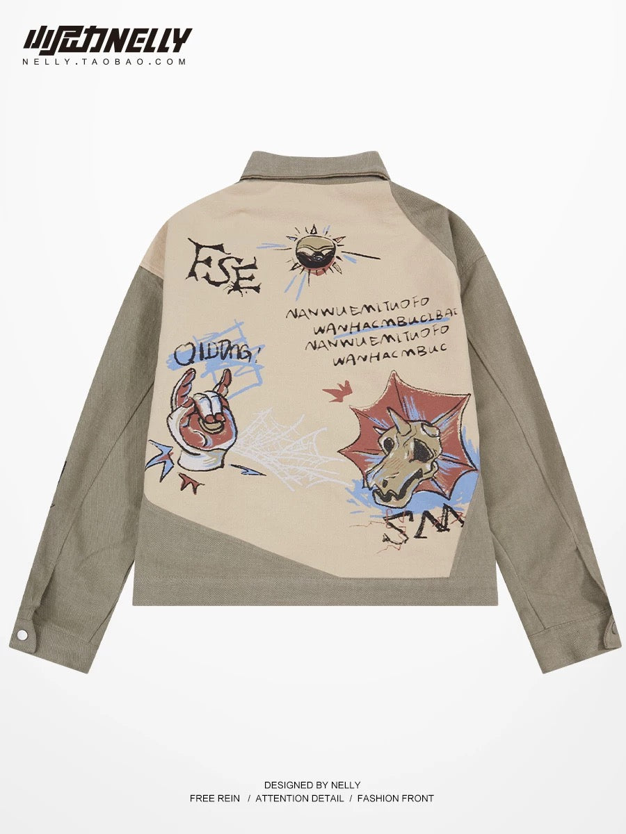 American retro splicing workwear heavy graffiti jacket men and women trendy brand printed motorcycle wear hip-hop casual jacket bf