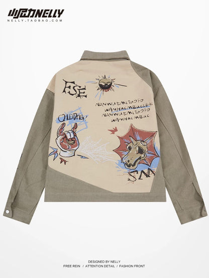American retro splicing workwear heavy graffiti jacket men and women trendy brand printed motorcycle wear hip-hop casual jacket bf