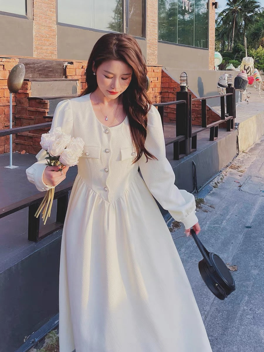 Off-white small fragrant dress autumn women's 2023 new textured French style gentle and elegant temperament A-line skirt