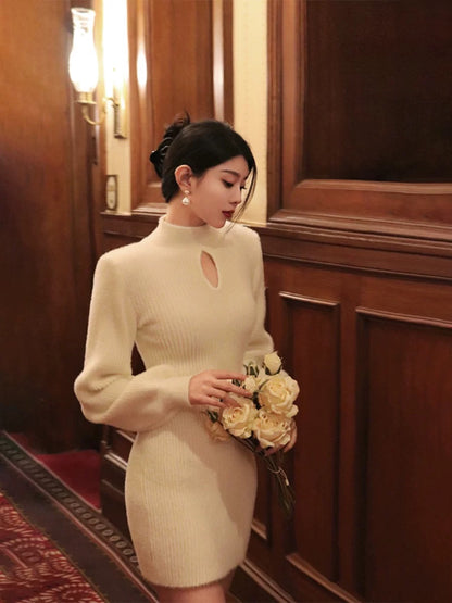 Thirteen and Little White Knitted Dress for Women in Autumn and Winter Half Turtle Neck with Balloon Sleeves and French Style Hip Skirt