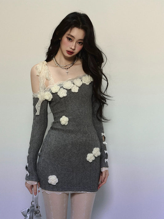 Shao Ye Yan Australian Wild Rose French Lace Off-shoulder Dress Women's Autumn and Winter Long Sleeve Slimming Hip Skirt Short Skirt