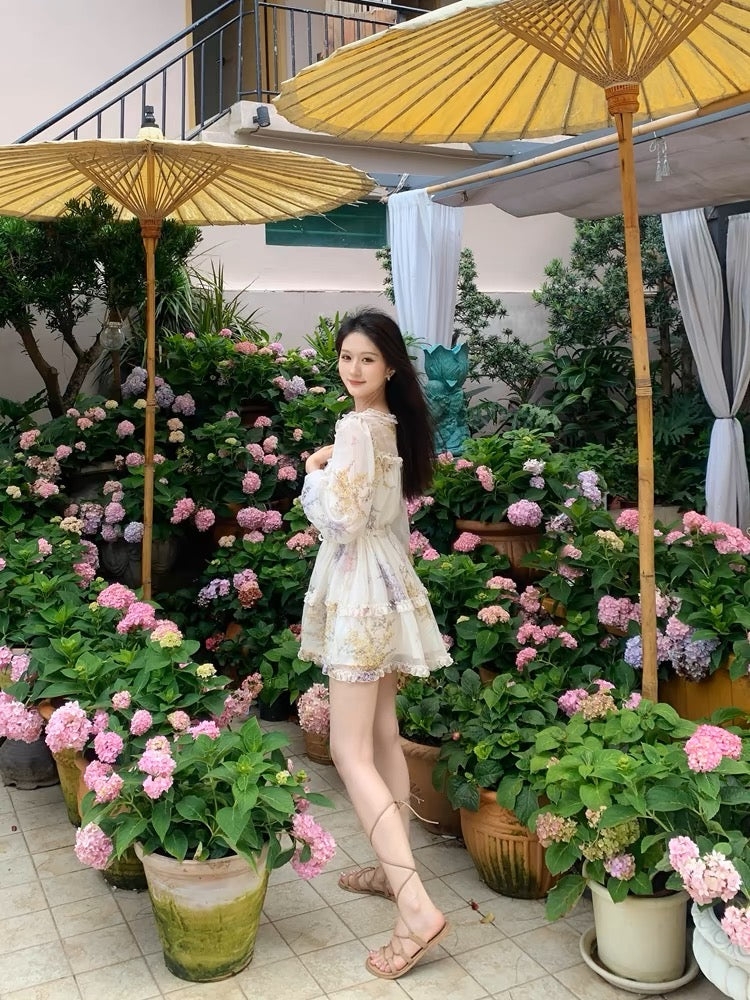 Juicecola Gentle and Sweet Floral Dress Spring and Autumn New Style Waist-Winning V-Neck Beautiful Miniskirt D612