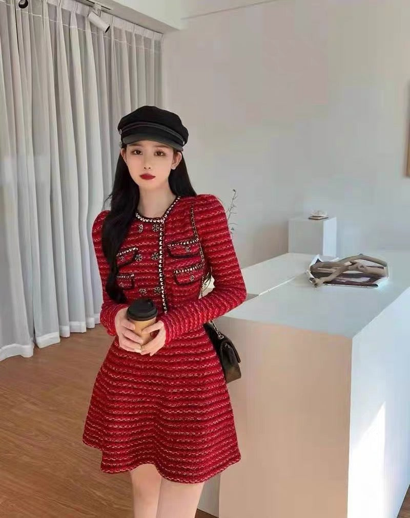 Zhang Li's same style French retro New Year's red slim-fitting small fragrant knitted dress toasting dress can be worn at ordinary time D9198