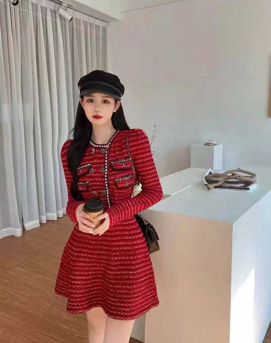 Zhang Li's same style French retro New Year's red slim-fitting small fragrant knitted dress toasting dress can be worn at ordinary time D9198