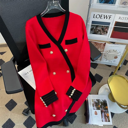 Contrast color V-neck double-breasted suit dress for women in autumn new temperament small fragrant hip skirt red knitted skirt