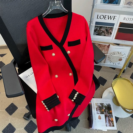 Contrast color V-neck double-breasted suit dress for women in autumn new temperament small fragrant hip skirt red knitted skirt