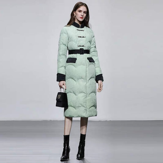 2023 winter new fashion temperament national style design contrasting color thickened lace-up 90 down down jacket for women