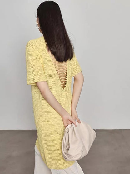 2023 new summer design woven cool vacation style fashionable slimming backless hollow knitted dress