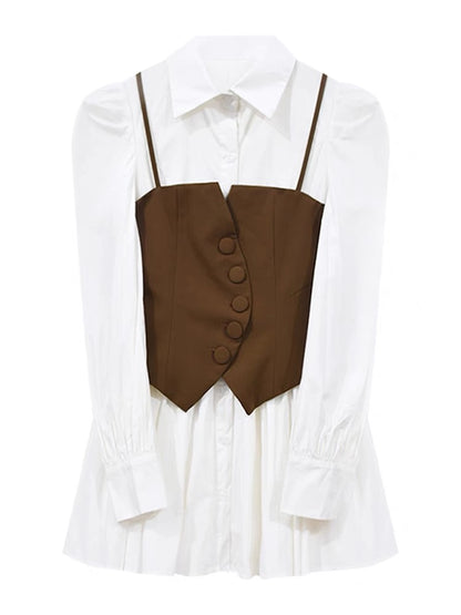 Waist slimming shirt dress autumn long-sleeved suspender splicing fake two-piece skirt women's stunning small skirt advanced A2252