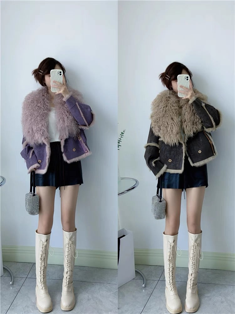 Haining's new rabbit fur natural fur all-in-one motorcycle wind beach wool fur collar foreign style new style women's winter light luxury women T3464