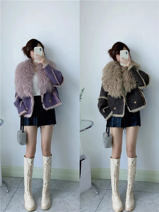 Haining's new rabbit fur natural fur all-in-one motorcycle wind beach wool fur collar foreign style new style women's winter light luxury women T3464