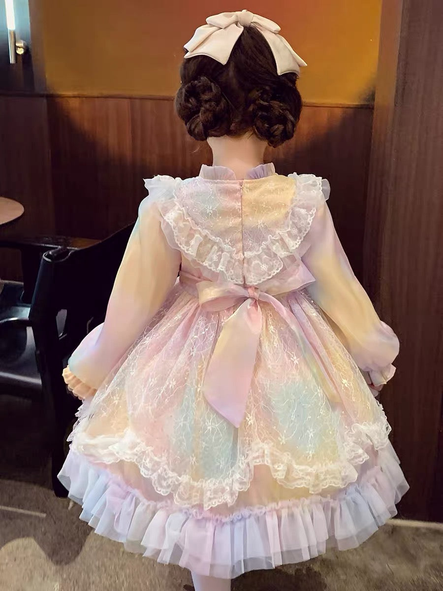 Girls Lolita Princess Dress Little Girls Autumn Clothing 2023 New Style Children's Puffy Rainbow Mesh Dress
