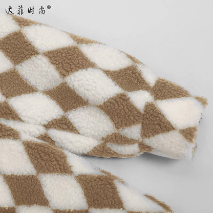 Winter Women's Clothing 2023 New Contrast Color Checkerboard Mid-Length Waist Slimming Fur Coat Slim Fit Fur Coat