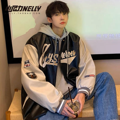 High street PU leather baseball jacket men's autumn and winter trendy brand ins spring and autumn large size jacket trendy men's autumn tops