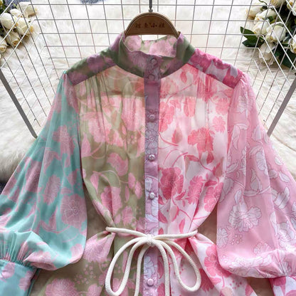 Spring and summer thin French high-end stand-up collar single-breasted lantern long-sleeved lace-up waist-length printed dress (D0981)