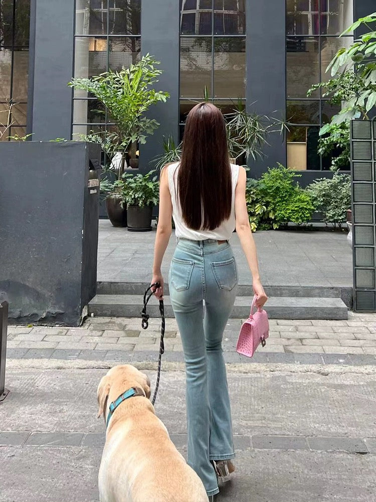 Zhang Bianyi long legs, high waist, slim retro light color micro-flared jeans for women