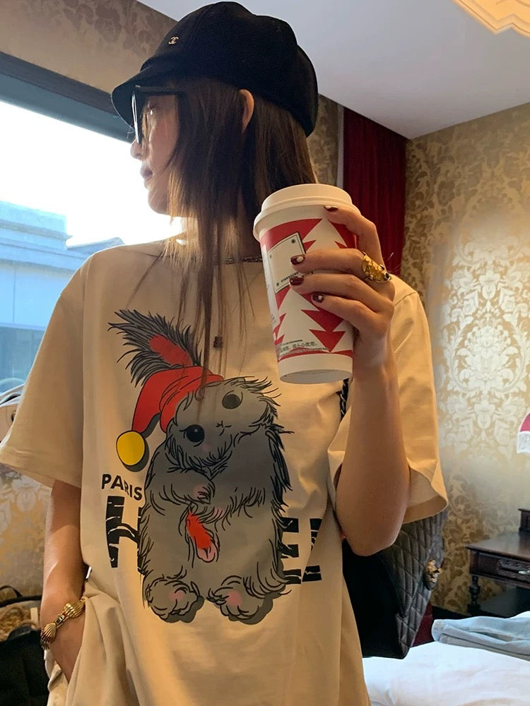 Luoluo Xianjie Apricot short-sleeved T-shirt Women's 2024 spring and summer new design niche loose printed top
