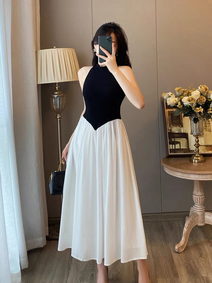 French retro sleeveless halterneck off-shoulder dress women's summer small fragrance contrast color high-quality temperament long dress