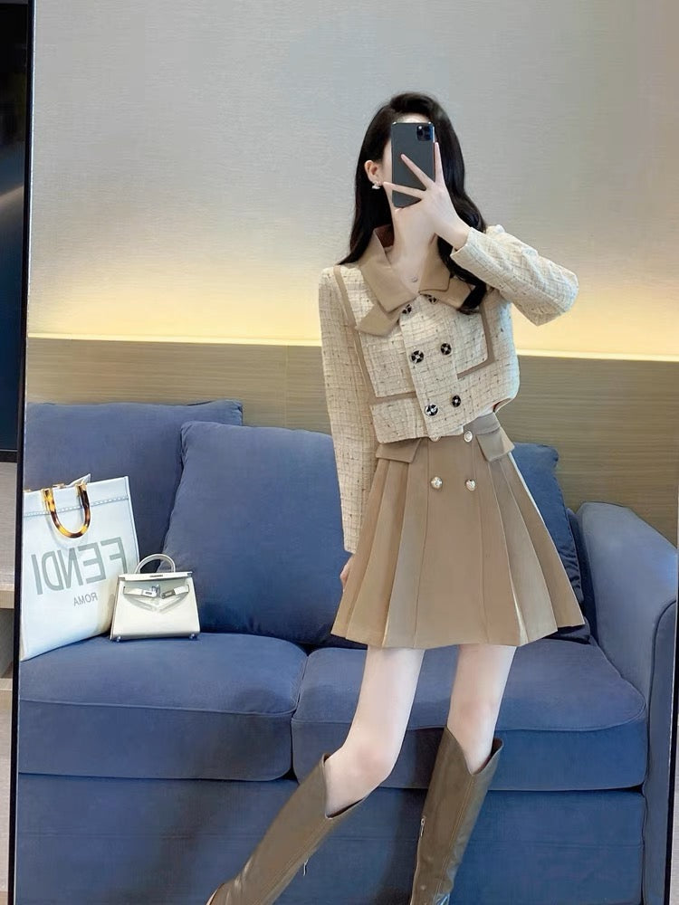 Temperament socialite two-piece set autumn 2023 new style waist slimming western style retro a-line skirt small fragrance suit for women (S4448)