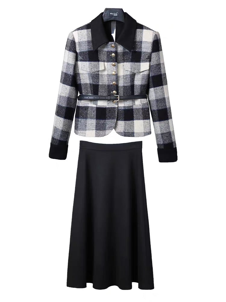 Miss DG high-end temperament simple small fragrance suit 2023 autumn plaid short coat and half skirt two-piece set (S0674)