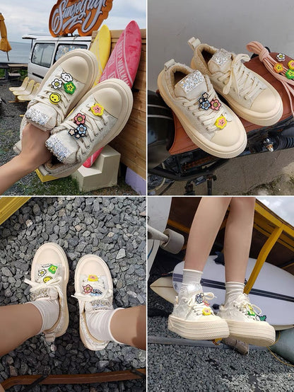 Genuine leather top version!  Zhao Lusi's same style foreshaddw tweed muffin thick-soled canvas small white sneakers for women (S0123)