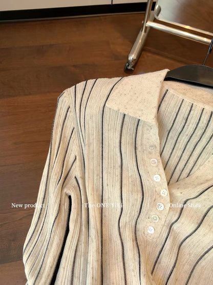 Women's "Old Money" Style Vertical-Striped Long-Sleeve Knit Top – Fall 2026 New French-Inspired Slim-Fit Cropped Top