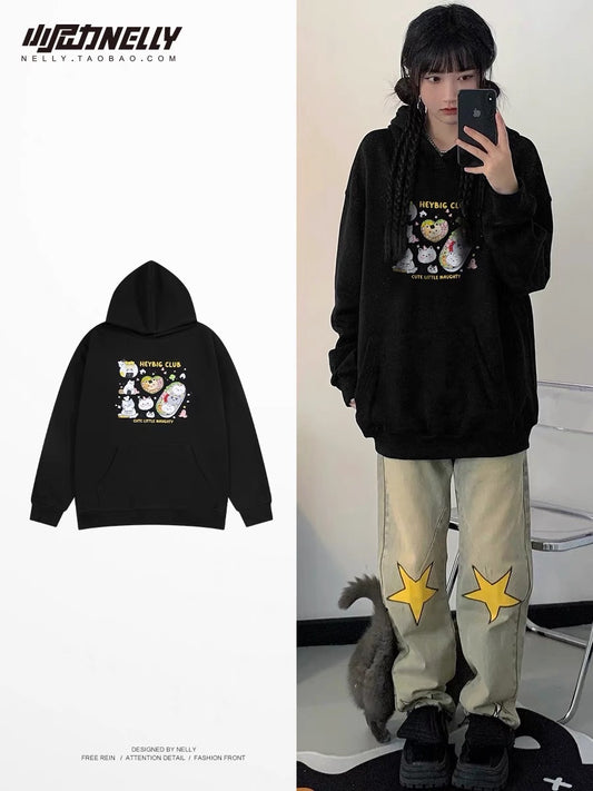 American sweatshirt men's spring and autumn retro hooded heavy coat lazy high street embroidered loose couple top