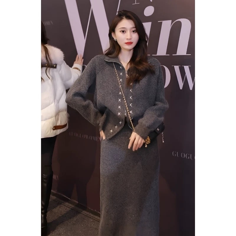 La Chapelle fashionable casual sports suit skirt women's autumn and winter 2023 new knitted skirt two-piece set