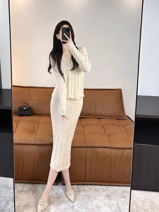 Dignified and elegant women's suit 2023 autumn and winter new Korean style ladylike mid-length knitted skirt two-piece set (S5556)