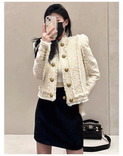 French ladylike temperament short coat for women 2023 spring new style light mature style double-breasted tweed small fragrant style top