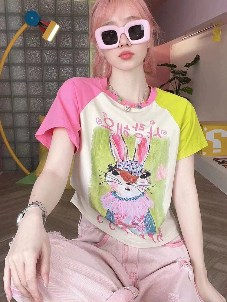Dopamine wear contrast color rabbit raglan sleeve short-sleeved T-shirt female summer pure cotton hot girl slim high waist short top