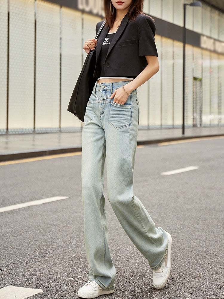 Nostalgic blue Hong Kong style straight jeans for women loose wide legs 2024 spring new high waist splicing drape mopping