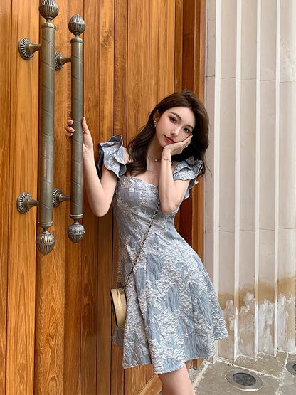 Juicecola French retro slim dress niche design embossed jacquard small flying sleeve skirt D628