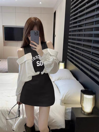 Vest stitching strapless shirt dress female early autumn hot girl sexy bag hip skirt design sense niche shirt skirt