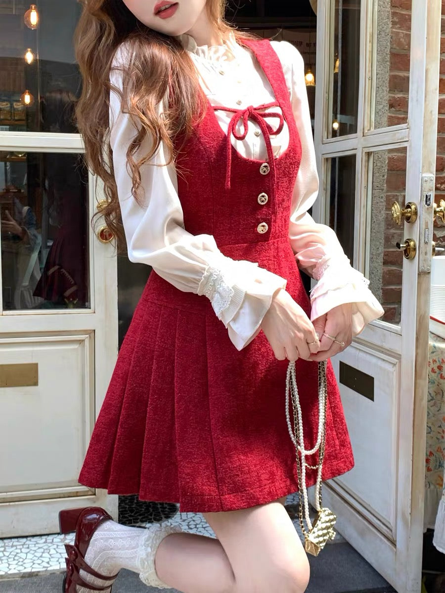 Q Girl's Black Tea Rum/Red Brushed Small Fragrance Style Suspender Dress Autumn and Winter French Retro Short Skirt