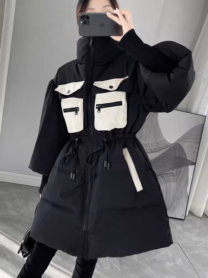 Black stand-up collar waist down jacket for women winter 2023 new design contrasting color mid-length 90 white duck down jacket