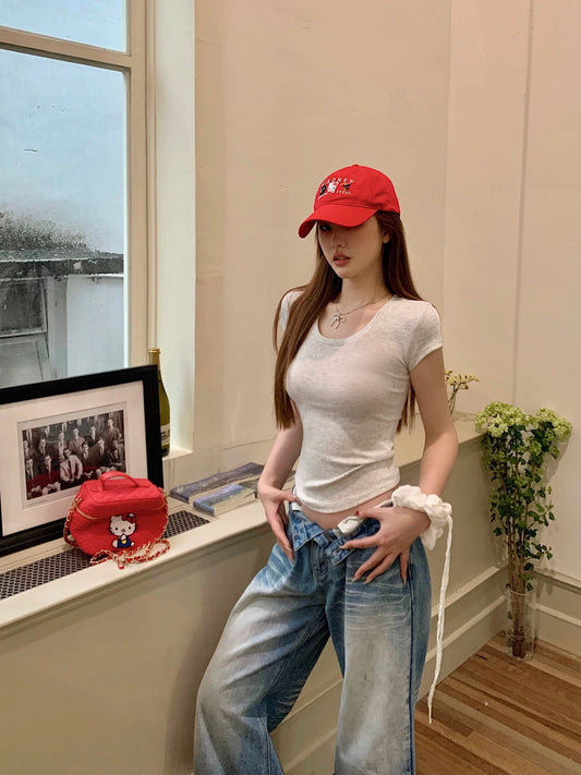 Yellow short-sleeved women's summer niche elastic slim fit versatile white straight shoulder T-shirt simple short purple top