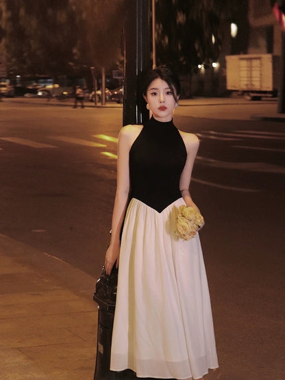 Thirteen and Little French Dress Women's Summer Black and White Contrast Color Stitching Stand Collar Sleeveless High-end Temperament Long Dress