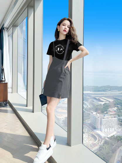 Fake two-piece black dress summer 2024 new women's clothing small black dress slim niche skirt female summer petite