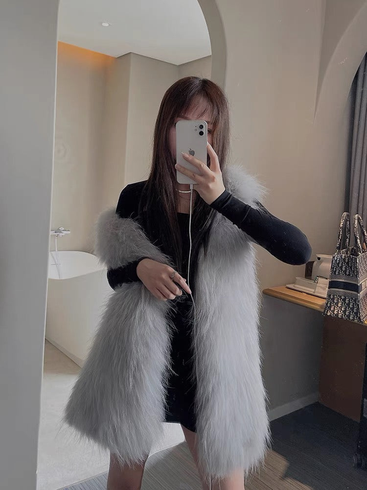 Encrypted raccoon fur double-sided woven fur vest for women mid-length 2023 autumn and winter new coat Haining young style