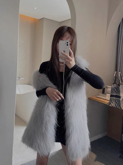 Encrypted raccoon fur double-sided woven fur vest for women mid-length 2023 autumn and winter new coat Haining young style