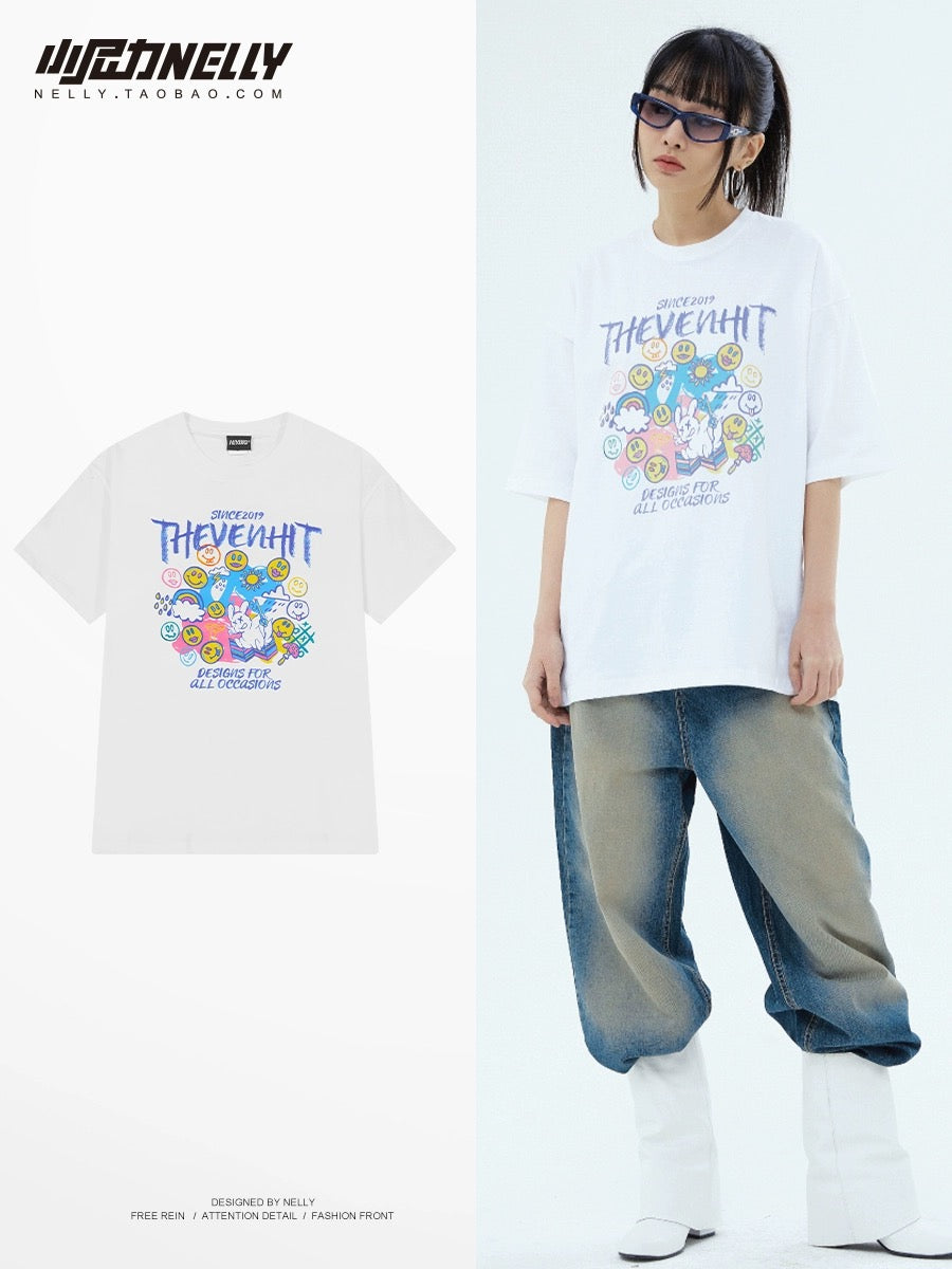 Colorful graffiti print short-sleeved T-shirt for men and women summer 2024 new pure cotton loose round neck boys T-shirt top